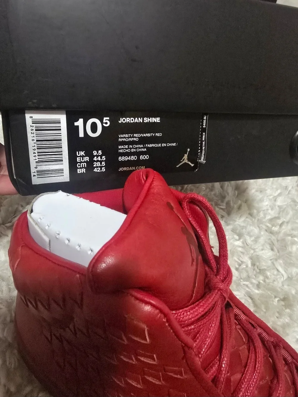 Jordan Shine colors Varsity Red Man shoe Size 10.5
